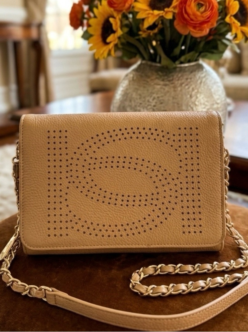 Perforated Tan Leather Crossbody with Chain Strap